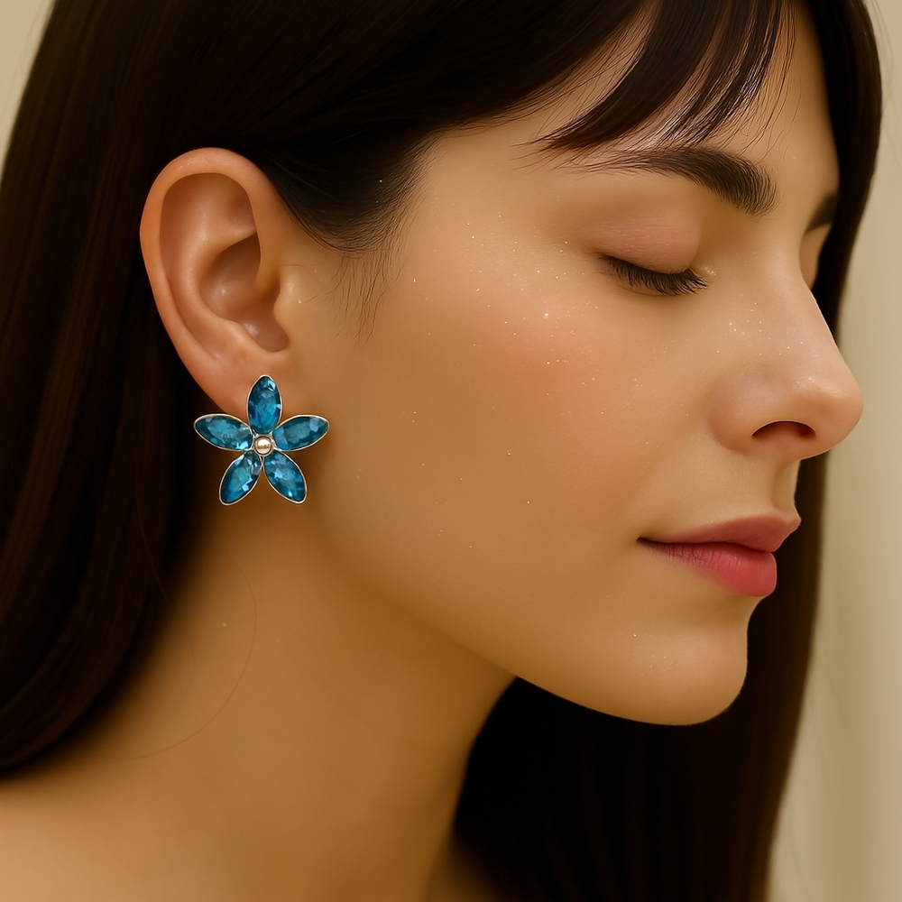 Robert Rose Gold tone Blue Flower Design Stud Earrings - Women's Fashion Jewelry